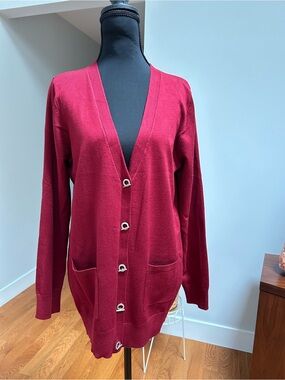 Joan Vass Deep Wine Red V-Neck Button Cardigan NWT